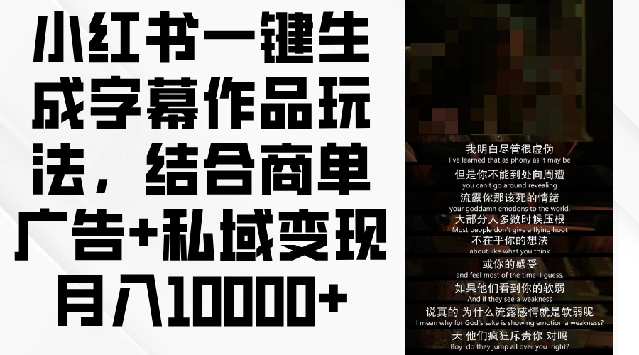 小红书一键生成字幕作品玩法，结合商单广告+私域变现月入10000+ - 项目资源网